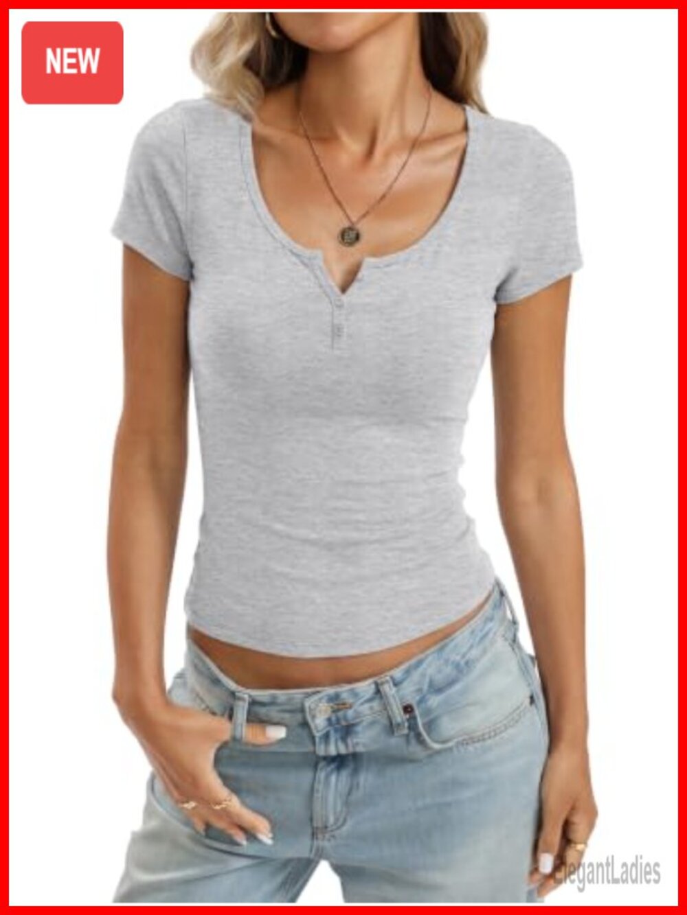 Womens Cotton Henley Short Sleeve Fitted Summer T Shirt